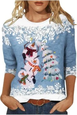 Pnroktd De Noël Sweatshirts Pour Femmes À Manches Longues Crewneck Blouses Drôle Mignon De Noël Snowman Imprimer 2023 Automne Tenues Tops