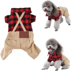 Petit Chien Vêtements Rouge Plaid Chemise Khaki Overalls Pantalon Combinaison Tenues Cool Pet Vêtements Pour Petits Chiens Chats Garçon Fille, Jeans Onesies Pjs Vêtements Halloween De Noël Costume Fête D'anniversaire Robe