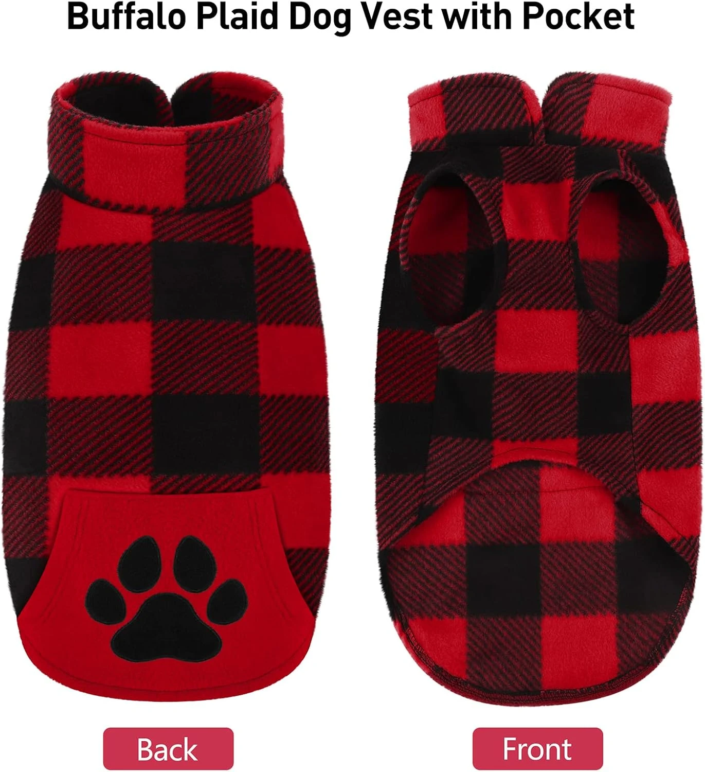 Rouge Et Noir Plaid Polaire Chien Gilet Vêtements Avec Pawprint Poche, Chaud Chien Chemise Pull Pull Chandail Pet Manteau Veste Vêtements Pour Automne Hiver Noël Porter (Small) 6 Rouge Et Noir Plaid Polaire Chien Gilet Vêtements Avec Pawprint Poche, Chaud Chien Chemise Pull Pull Chandail Pet Manteau Veste Vêtements Pour Automne Hiver Noël Porter (Small) - Image 4