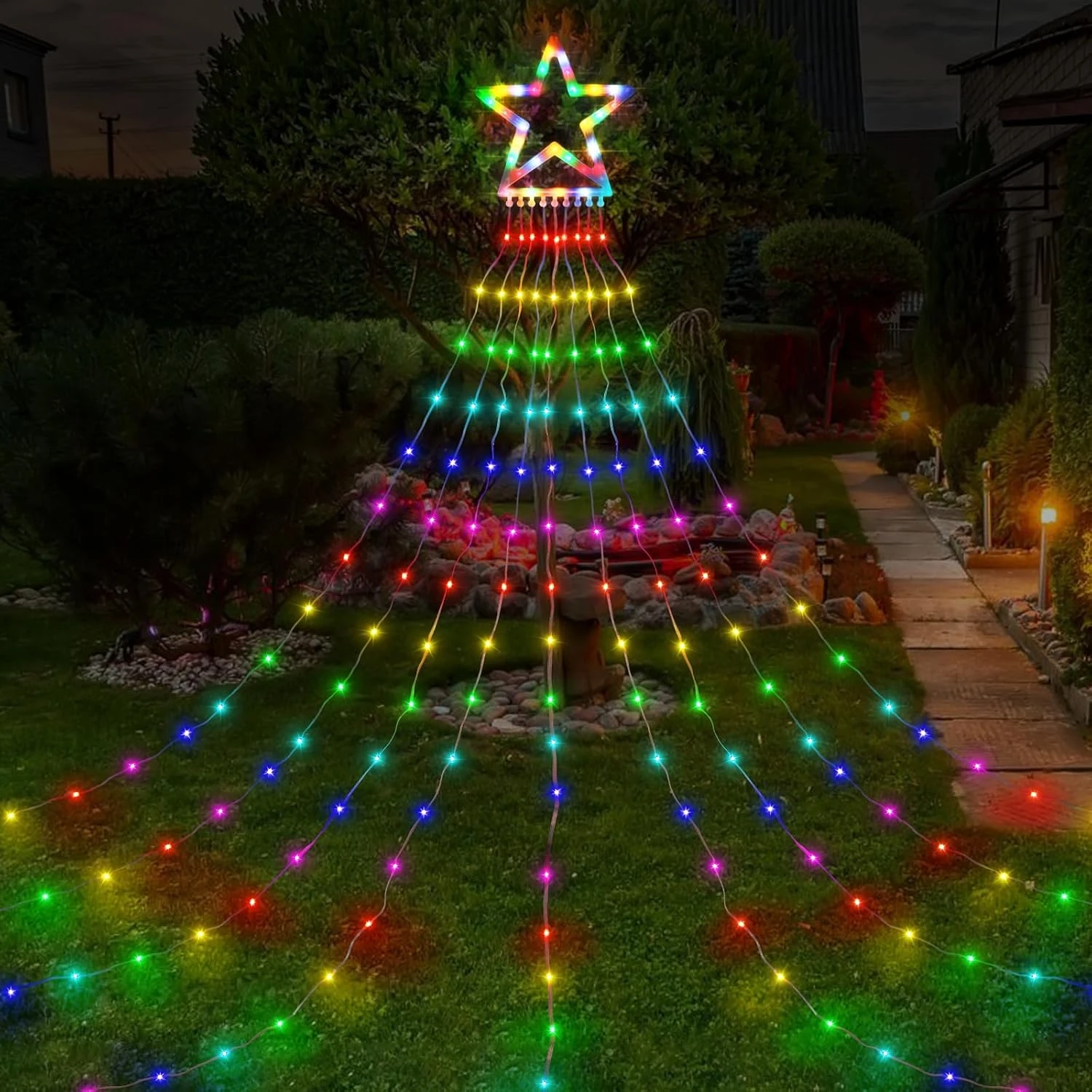 PUHONG Décoration De Noël Star Flowing Multicolore Changement De Couleur Lumières En Plein Air, 320 LED 16.4Ft Star Waterfall Arbre Lumières Avec 8 Modes D'éclairage Télécommande, Pour Noël Nouvel An Anniversaire 3 PUHONG Décoration De Noël Star Flowing Multicolore Changement De Couleur Lumières En Plein Air, 320 LED 16.4Ft Star Waterfall Arbre Lumières Avec 8 Modes D'éclairage Télécommande, Pour Noël Nouvel An Anniversaire