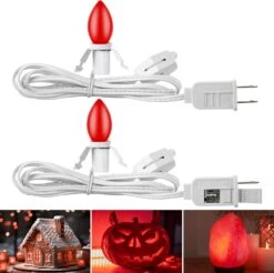 Enhon 2 Pcs Accessoire Cordon Avec LED Ampoule C7 Village Lumière Cordon Avec On/Off Interrupteur Et 2 Fuze Souffler Moule Lumière Pour Halloween Citrouille De Noël Village Maison, Vacances Artisanat Lampe Cord Décor (Red)