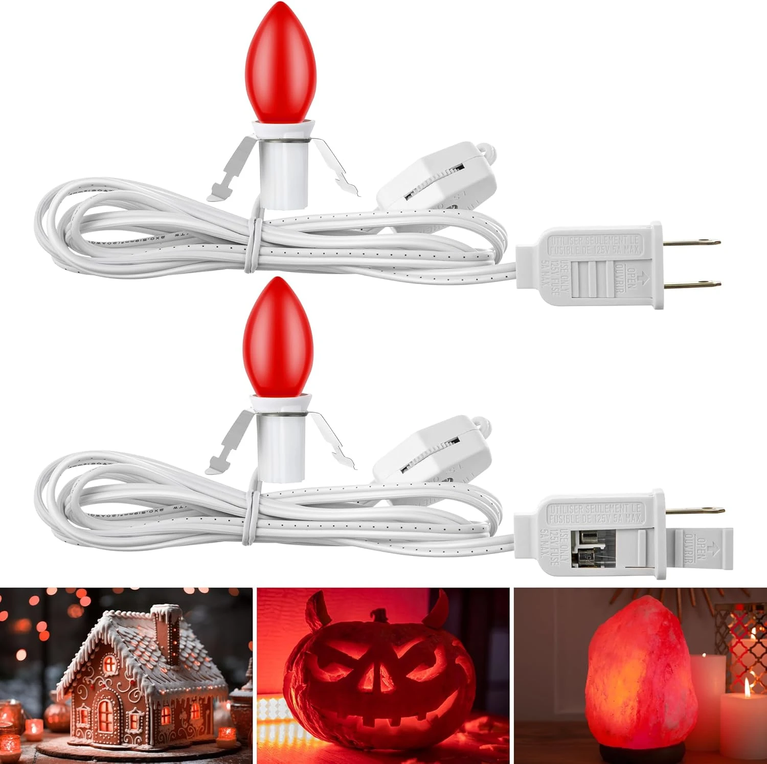 Enhon 2 Pcs Accessoire Cordon Avec LED Ampoule C7 Village Lumière Cordon Avec On/Off Interrupteur Et 2 Fuze Souffler Moule Lumière Pour Halloween Citrouille De Noël Village Maison, Vacances Artisanat Lampe Cord Décor (Red) 3 Enhon 2 Pcs Accessoire Cordon Avec LED Ampoule C7 Village Lumière Cordon Avec On/Off Interrupteur Et 2 Fuze Souffler Moule Lumière Pour Halloween Citrouille De Noël Village Maison, Vacances Artisanat Lampe Cord Décor (Red)