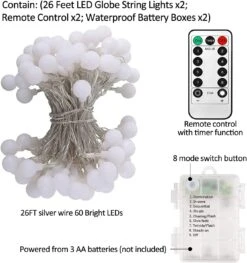 Feux De Corde à LED à Piles, 2 -Pack Total 52FT 120LEDs - Chaque 26FT 60LEDs 8 Mode étanche Feux De Fée De Noël Avec Télécommande Pour La Décoration De Fête De Mariage De Jardin De Chambre à Coucher -Oui || N/A || pearhead 71zhHorBWvL. AC SL1500