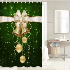 GRIEKOWE Noël Rideau De Douche Ensembles Avec Non-Slip Tapis, Couvercle De Toilette Et Tapis De Bain, Golden Bell Décor Avec Fond Vert Rideau De Bain De Noël, Décor De Noël Avec Crochets 72×72inch -Oui || N/A || pearhead 71zmNMCVlAL. AC SL1500