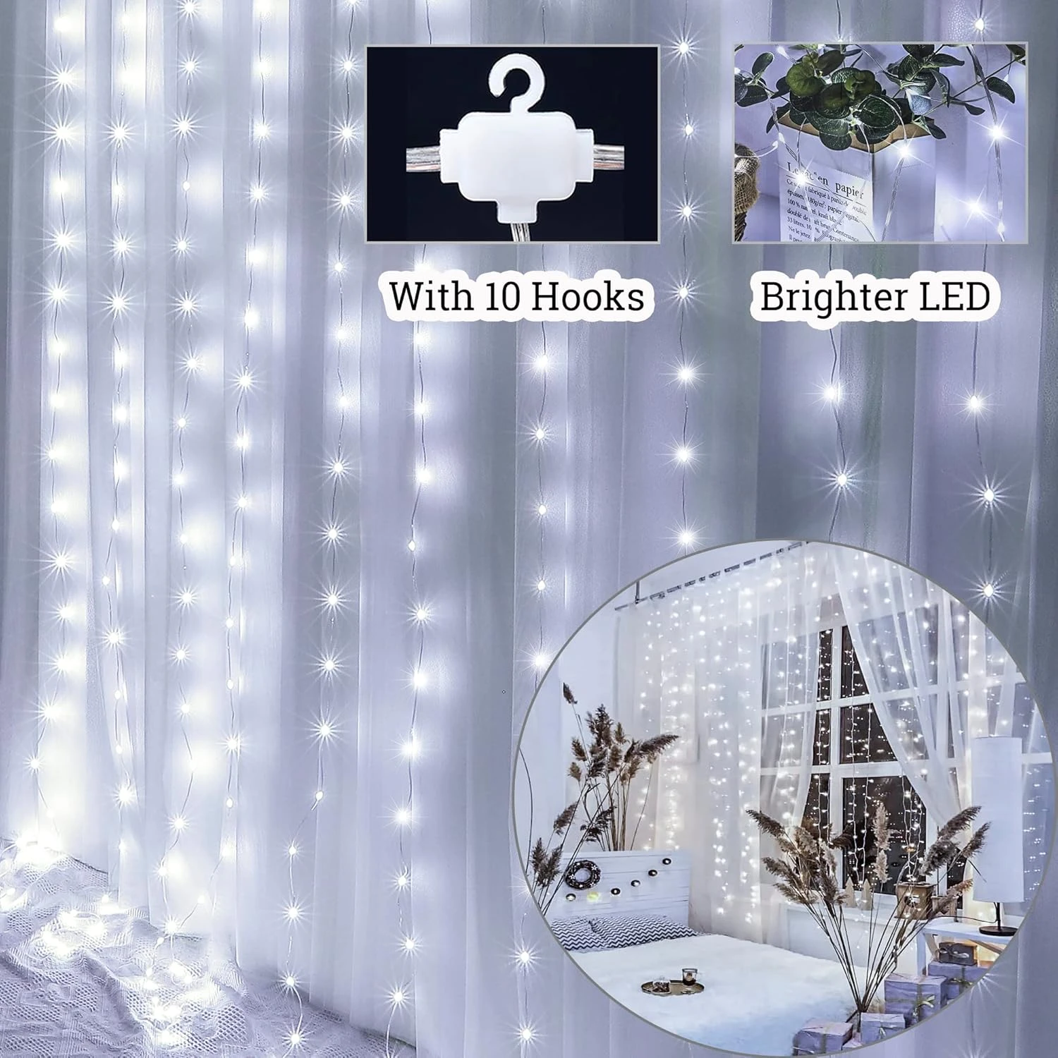 Lumières De Chaîne De Rideau Hopolon Avec Télécommande, 300LED 8 Modes 9,8ftx9,8ft 4,5V Lampes De Rideau Alimentées Par USB Pour Mariage à Domicile Famille De Fête De Noël Chambre De Jardin Salle De Chambre Décor Mural Extérieur Extérieur (blanc Froid) 4 Lumières De Chaîne De Rideau Hopolon Avec Télécommande, 300LED 8 Modes 9,8ftx9,8ft 4,5V Lampes De Rideau Alimentées Par USB Pour Mariage à Domicile Famille De Fête De Noël Chambre De Jardin Salle De Chambre Décor Mural Extérieur Extérieur (blanc Froid) - Image 2