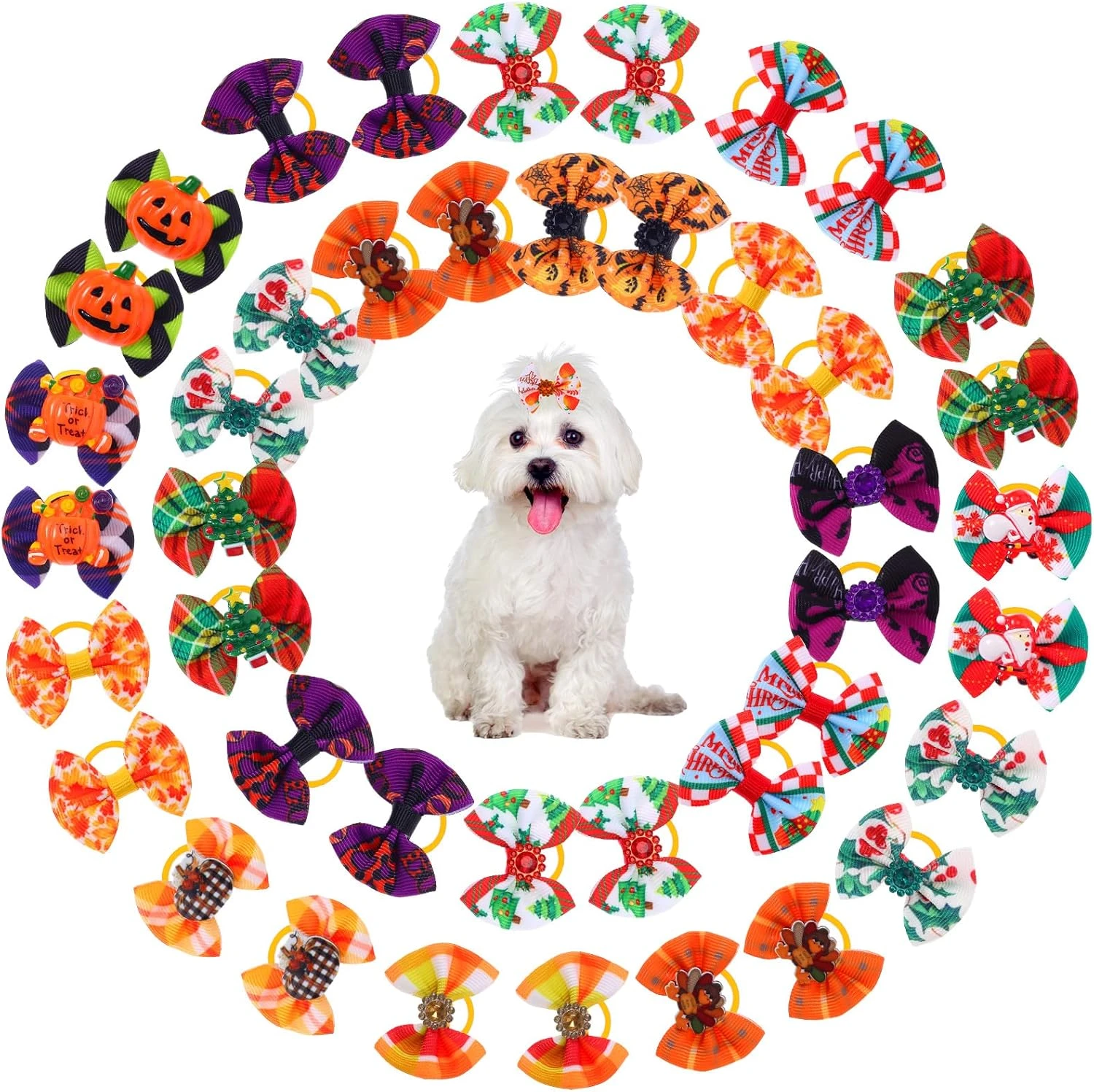 Yerliker 60 Pcs Halloween Thanksgiving Chien Cheveux Arcs Avec Solides Bandes En Caoutchouc, De Noël Chien Arcs Avec Strass Perles, PET Main Cheveux Bowknot Chien Soins Accessoires Pour Chiens Chats, 30 Paires 4 Yerliker 60 Pcs Halloween Thanksgiving Chien Cheveux Arcs Avec Solides Bandes En Caoutchouc, De Noël Chien Arcs Avec Strass Perles, PET Main Cheveux Bowknot Chien Soins Accessoires Pour Chiens Chats, 30 Paires - Image 2