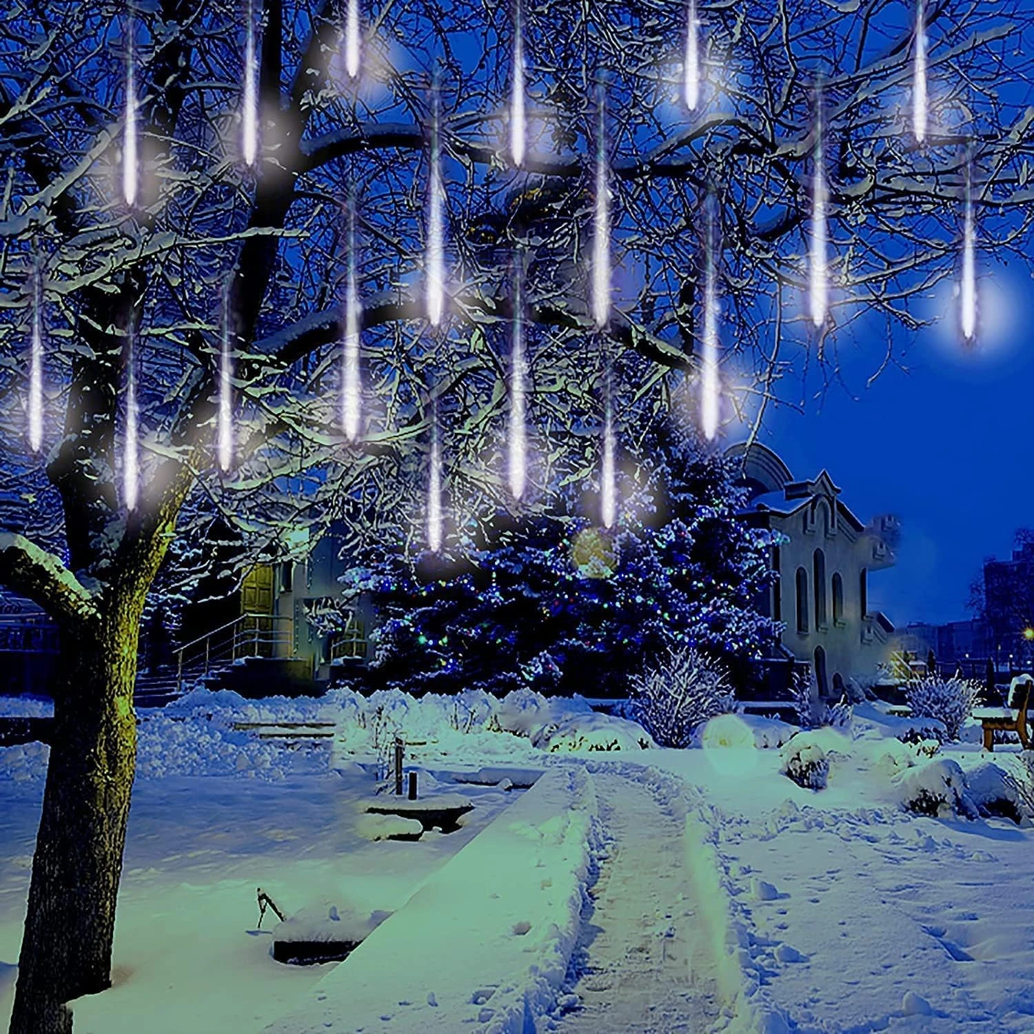 Lumières De Noël Kordain En Plein Air, Lumières De Douche Meteor Tombant Des Lumières D'étoile 12 Pouces 8 Tubes 144 Lumières De Neige Icicle LED Lumières De Pluie Pour Noël Arbre Halloween Décoration De Fête, UL Plug, Blanc 4 Lumières De Noël Kordain En Plein Air, Lumières De Douche Meteor Tombant Des Lumières D'étoile 12 Pouces 8 Tubes 144 Lumières De Neige Icicle LED Lumières De Pluie Pour Noël Arbre Halloween Décoration De Fête, UL Plug, Blanc - Image 2