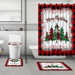 MEHOFOND 4 Pcs Rideau De Douche De Noël Ensembles Joyeux Noël Rideau De Douche Ensemble Rouge Buffalo Plaid Salle De Bains Ensembles Avec Rideau De Douche Et Tapis Couvercle De Toilette Et U Forme Tapis Lavable 72"x72 & #34