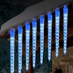 Feux De Douche En Météorologie WATERGLIDE, Feux De Noël En Glaçon Extérieur 12 "8 Glaçons 192 Flexibles De Chute De Glace En Cristal LED, Feux De Pluie Connectables, Décor De Vacances De L'arbre De Fête D'hiver De Noël, Bleu