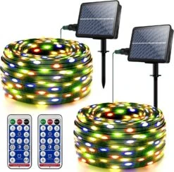 HRDJ Solar String Lights Outdoor, IP67 Étanche 2Pack Chaque 50FT 150LED 8Modes Solaire Fées Lumières Avec Minuterie Mémoire Pour Patio Noël Jardin Jardin Porche Clôture Décorations(Multicolor)