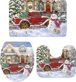 Libaoge Salle De Bains Tapis Ensembles 3 Pièce/Ensemble Tapis Joyeux Noël Bonhomme De Neige Et Rouge Camion Mousse À Mémoire Tapis Ensemble Matchs Anti-Dérapant Absorbant Siège De Toilette Couverture Tapis De Bain Couvercle Couvercle 18"x30"+14"x18"+15"x18"