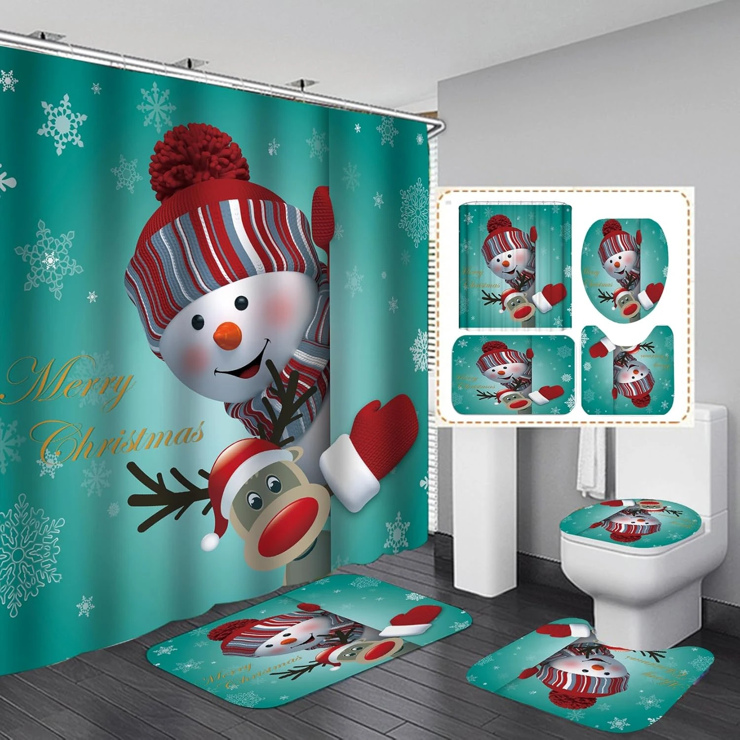 Joyeux Noël Douche Rideau Ensembles Pour Salle De Bains, 4Pcs Xmas Rideau De Douche/Non-Slip Salle De Bains Tapis/Couvercle De Toilette Couvercle/Bain Tapis, Drôle Père Noël Elk Bonhomme De Neige Cloche Car Tapis Décor (Snowman & Elk) 5 Joyeux Noël Douche Rideau Ensembles Pour Salle De Bains, 4Pcs Xmas Rideau De Douche/Non-Slip Salle De Bains Tapis/Couvercle De Toilette Couvercle/Bain Tapis, Drôle Père Noël Elk Bonhomme De Neige Cloche Car Tapis Décor (Snowman & Elk) - Image 3