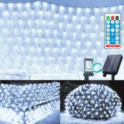 .5ft X 5ft Solaire Net Lumières, Extérieur Mesh Lumières 240LED Étanche 8 Mode Avec Télécommande 2 Alimentation Chaîne Lumières Branchez Pour Bushes Arbres Jardin Mur Patio De Noël Intérieur Décor (Cool White)