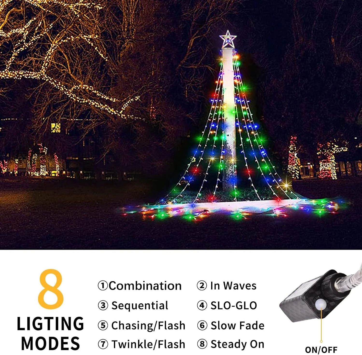 PLTCAT Décorations De Noël Extérieures Lumières De Cascade, 300 LED Étoile De Noël Arbre Topper Lumières, 8-Lumières Modes & Mémoire Fonction Fées Lumières Pour La Saint-Valentin Et Party & Yard Décoration(Multi) 5 PLTCAT Décorations De Noël Extérieures Lumières De Cascade, 300 LED Étoile De Noël Arbre Topper Lumières, 8-Lumières Modes & Mémoire Fonction Fées Lumières Pour La Saint-Valentin Et Party & Yard Décoration(Multi) - Image 3