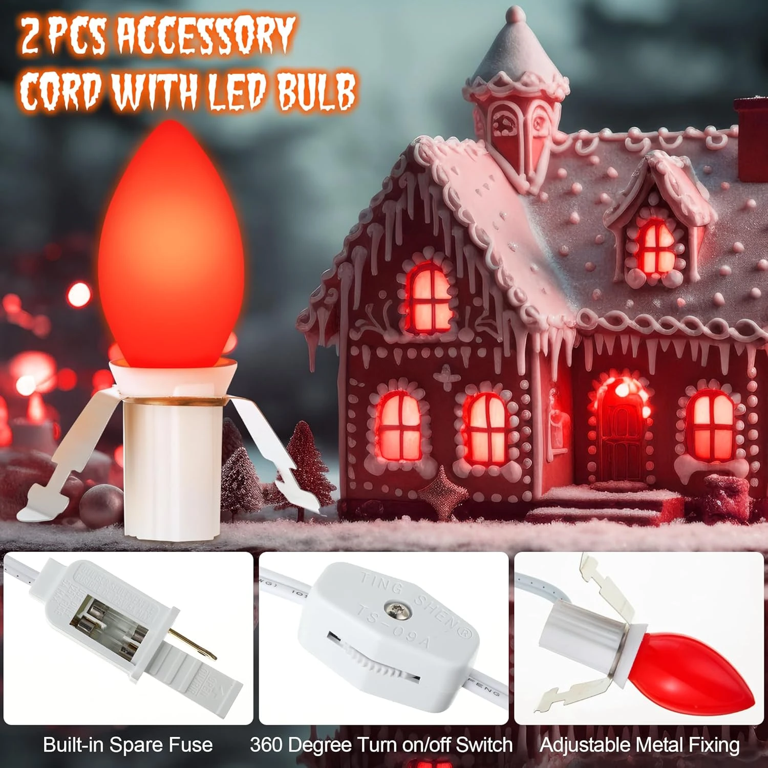 Enhon 2 Pcs Accessoire Cordon Avec LED Ampoule C7 Village Lumière Cordon Avec On/Off Interrupteur Et 2 Fuze Souffler Moule Lumière Pour Halloween Citrouille De Noël Village Maison, Vacances Artisanat Lampe Cord Décor (Red) 6 Enhon 2 Pcs Accessoire Cordon Avec LED Ampoule C7 Village Lumière Cordon Avec On/Off Interrupteur Et 2 Fuze Souffler Moule Lumière Pour Halloween Citrouille De Noël Village Maison, Vacances Artisanat Lampe Cord Décor (Red) - Image 4