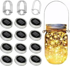 YJFWAL Mason Jar Solar Lights, 12 Pack 30 LED Solar Fairy Lights Mason Jar Lantern Lumers Pour Jardin, Terrasse, Cour, Famille, Fête, Anniversaire, Mariage, Décoration De Noël ( Pas De Pots ) Blanc Chaud