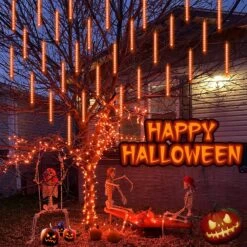 YEGUO Orange Halloween Lumières En Plein Air, 8 Tubes 144 LED Solaire Icicle Lumières, Meteor Lumières De Noël