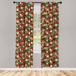 Rideaux De Noël Ambesonne, Branches D'arbres Feuilles D'épinette Boules Cloches Cônes Poinsettia Fleurs Mistletoe Berry, Fenêtres 2 Panel Set Pour Salon Chambre, Paire De - 28" X 84", Ruby Green