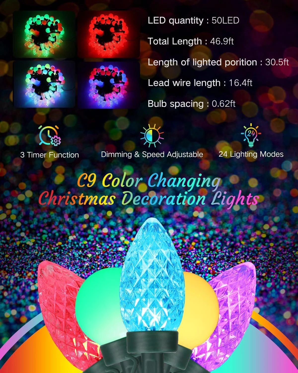 Jyoiat Couleur Changeant Chaîne Lumières Avec Télécommande - Fonction De Timing, Dimmable Étanche Connectable 33ft 50LED C9 & Globe String Lumières Pour Noël De Vacances En Plein Air 6 Jyoiat Couleur Changeant Chaîne Lumières Avec Télécommande - Fonction De Timing, Dimmable Étanche Connectable 33ft 50LED C9 & Globe String Lumières Pour Noël De Vacances En Plein Air - Image 4