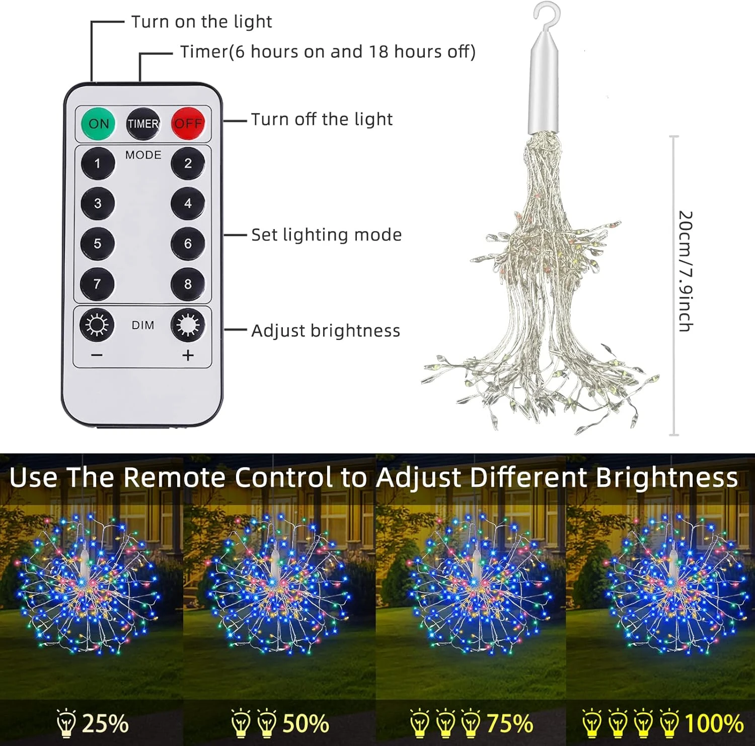 360 LED Hanging Starburst Sphere Lights 2 Pack Batterie Fonctionnement De La Télécommande De La Lumière 8 Mode étanche Fil D'argent Fairy Light Chandelier Pour Gazebo Girl Gift Noël Intérieur Extérieur Décor 8 360 LED Hanging Starburst Sphere Lights 2 Pack Batterie Fonctionnement De La Télécommande De La Lumière 8 Mode étanche Fil D'argent Fairy Light Chandelier Pour Gazebo Girl Gift Noël Intérieur Extérieur Décor - Image 6