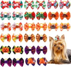 Yerliker 60 Pcs Halloween Thanksgiving Chien Cheveux Arcs Avec Solides Bandes En Caoutchouc, De Noël Chien Arcs Avec Strass Perles, PET Main Cheveux Bowknot Chien Soins Accessoires Pour Chiens Chats, 30 Paires