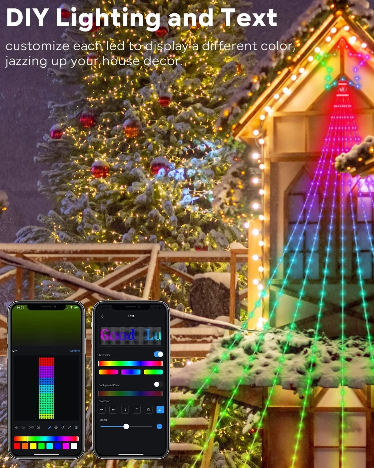 Lumières De Décorations De Noël En Plein Air Avec Étoile, Smart DIY Affichage Personnalisé 11.8Ft 64 Modes Yard Waterfall Tree Halloween String Lights, App Control 344LED RGB Changement De Couleur Music Timer Pour Xmas Tree 4 Lumières De Décorations De Noël En Plein Air Avec Étoile, Smart DIY Affichage Personnalisé 11.8Ft 64 Modes Yard Waterfall Tree Halloween String Lights, App Control 344LED RGB Changement De Couleur Music Timer Pour Xmas Tree - Image 2