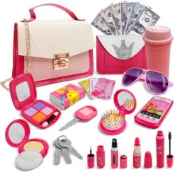 Kit De Maquillage Pour Fille CAILESS - Maquillage De Bretend Pour Tout-petits 27Pcs Avec Sac à Main Ensemble Cosmétique De Bretend Petites Filles Et Accessoires De Mode Pour 3-8 Ans Kids Play Kit De Maquillage Cadeau Pour Anniversaire Noël