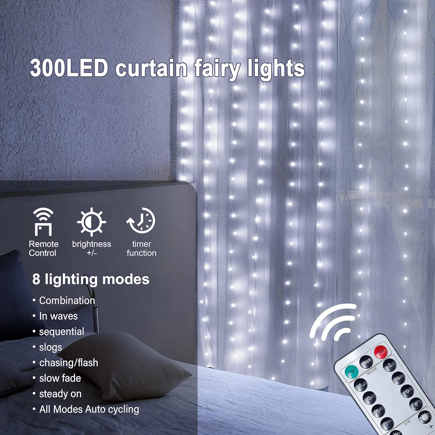 Lumières De Chaîne De Rideau Hopolon Avec Télécommande, 300LED 8 Modes 9,8ftx9,8ft 4,5V Lampes De Rideau Alimentées Par USB Pour Mariage à Domicile Famille De Fête De Noël Chambre De Jardin Salle De Chambre Décor Mural Extérieur Extérieur (blanc Froid) 5 Lumières De Chaîne De Rideau Hopolon Avec Télécommande, 300LED 8 Modes 9,8ftx9,8ft 4,5V Lampes De Rideau Alimentées Par USB Pour Mariage à Domicile Famille De Fête De Noël Chambre De Jardin Salle De Chambre Décor Mural Extérieur Extérieur (blanc Froid) - Image 3