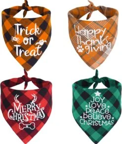 ADOGGYGO 4 Pack Plaid Vacances Chien Bandana, Halloween Thanksgivng Noël Chien Bandana Écharpe Foulard Noël Thanksgivng Halloween Bandana Pour Petit Moyen Gros Chiens (Large, Holiday-2)