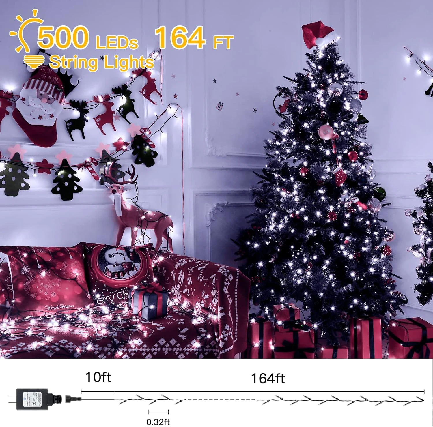 Feux De Noël D'Ollny Outdoor - 500LED 164FT Longues Lumières De Cordes De Noël Avec 8 Modes Remote Timer IP44 Imperméable, Fée Lumières Pour Tree House Yard Outside Indoor Décorations De Noël Cool White 4 Feux De Noël D'Ollny Outdoor - 500LED 164FT Longues Lumières De Cordes De Noël Avec 8 Modes Remote Timer IP44 Imperméable, Fée Lumières Pour Tree House Yard Outside Indoor Décorations De Noël Cool White - Image 2