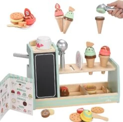 Haricot Géant En Bois Crème Glacée Café Et Congelé Traiter 3-en-1 Comptoir, 25 PCS Toddler Prétendre Jouer Cuisine Nourriture Accessoires, Noël Anniversaire En Bois Jouets Cadeau Pour 3+ Enfants Filles & Garçons