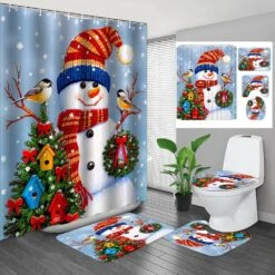 XVWJ 4Pcs Joyeux Noël Bonhommes De Neige Salle De Bains Rideau De Douche Ensembles, Noël Evergreen Arbre Rideaux De Douche Avec Tapis, Couvercle De Toilette Et Tapis De Bain, Décor De Salle De Bains Cadeau