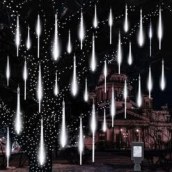 Veilleuses Meteor Extérieur, 16 Pouces 20 Tubes 720 Lumières D'icules LED, Lumières De Noël Meteor étanches, Lumières De Pluie Tombantes Suspendues Pour Les Buissons D'arbres Décor De Noël De La Fête De Noël, Blanc