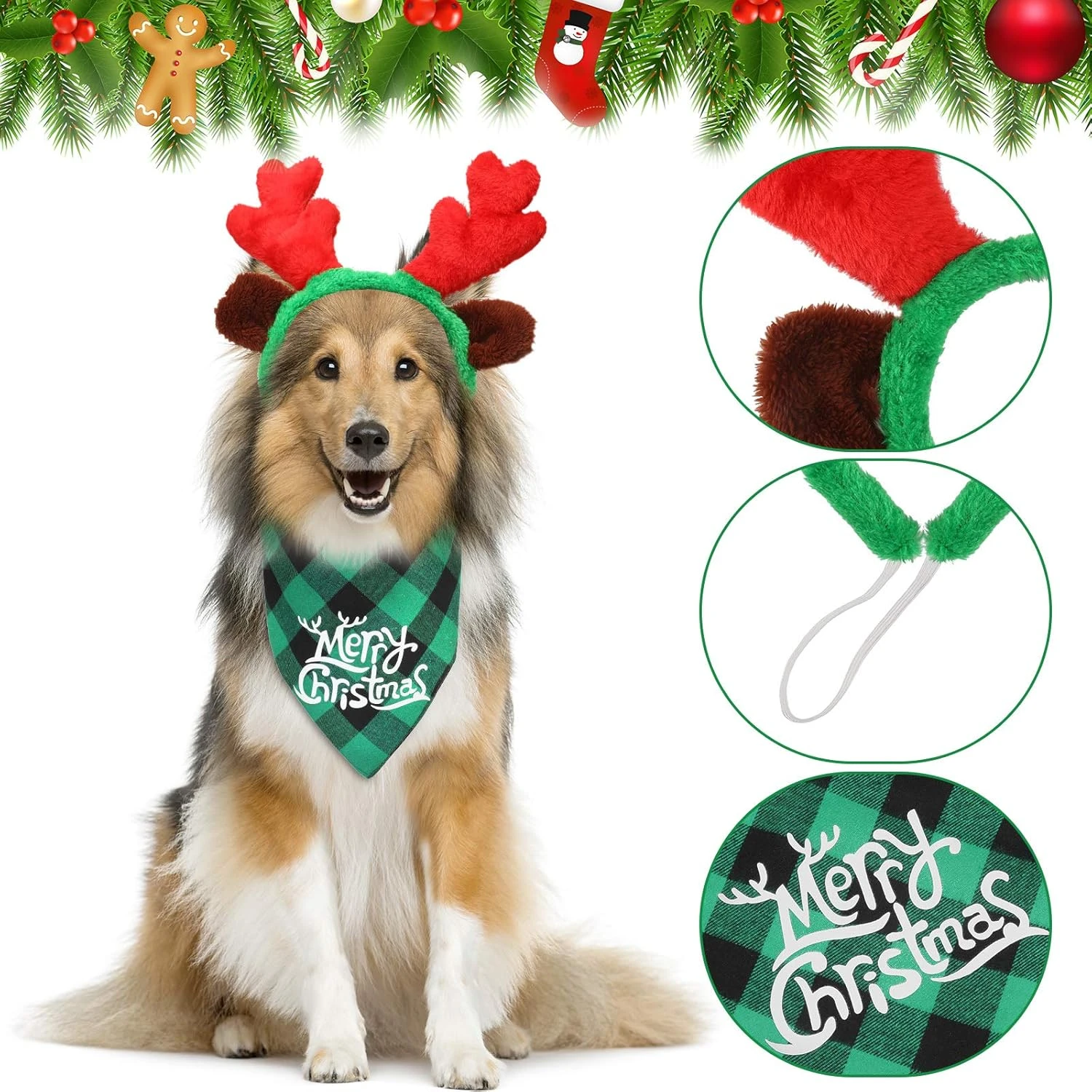 Chapeau De Noël Pour Chien De Noël 3D Réglable En 4 Pièces, écharpe De Noël Classique Pour Animaux De Compagnie Buffalo, Bande De Tête De Renne De Noël Avec Oreilles Accessoires De Costume Pour Animaux De Compagnie Pour Chiens Et Chats ( Style Vif ) 7 Chapeau De Noël Pour Chien De Noël 3D Réglable En 4 Pièces, écharpe De Noël Classique Pour Animaux De Compagnie Buffalo, Bande De Tête De Renne De Noël Avec Oreilles Accessoires De Costume Pour Animaux De Compagnie Pour Chiens Et Chats ( Style Vif ) - Image 5
