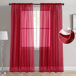 Tony's Collection Rouge Sheer Rideaux Décorations De Noël Fenêtre Rideaux Avec Côté Broderie Frill Rod Poche Sheer Panels Rideaux 63 Pouces De Long Pour Chambre Salon (34x63 Pouce, Rouge, 2 Panneaux)