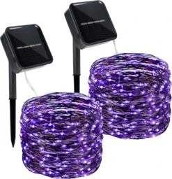 Twinkle Star 33 FT 120 LED Lumière Solaire Extérieure, Solaire Alimenté Halloween Lumières Décoratives De Fée Avec 8 Modes, Étanche Noir Fil Lumière De Noël Patio Yard Fête De Mariage, Violet, 2 Pack